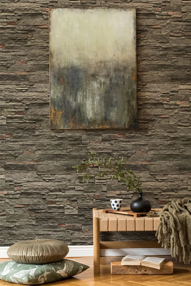 Close-up of a warm stacked ledgestone wall