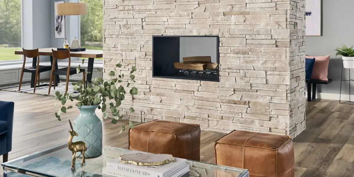 Double-sided fireplace in Ledgestone panel siding, Sand