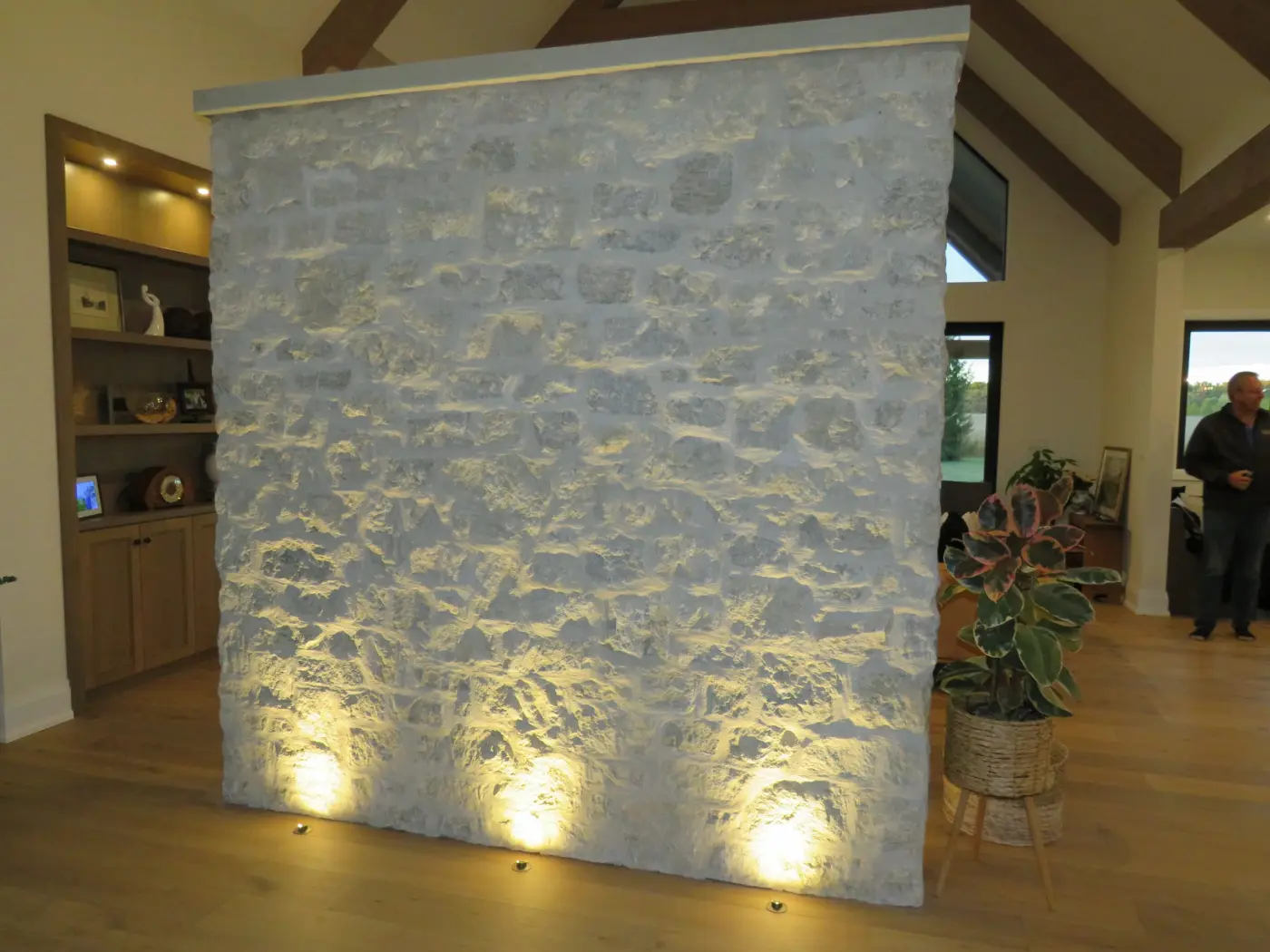 Interior stone feature wall lit from below